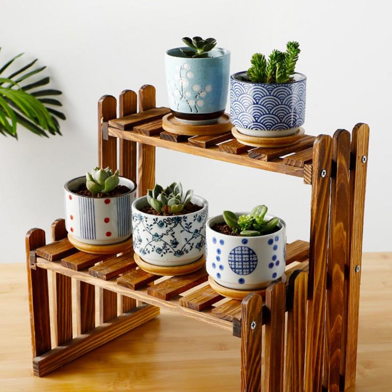 Vaso de cerâmica com bandeja de bambu estilo japonês suculenta planta vaso de flores bonsai plantador decoração de jardim cactos plantas plantadores