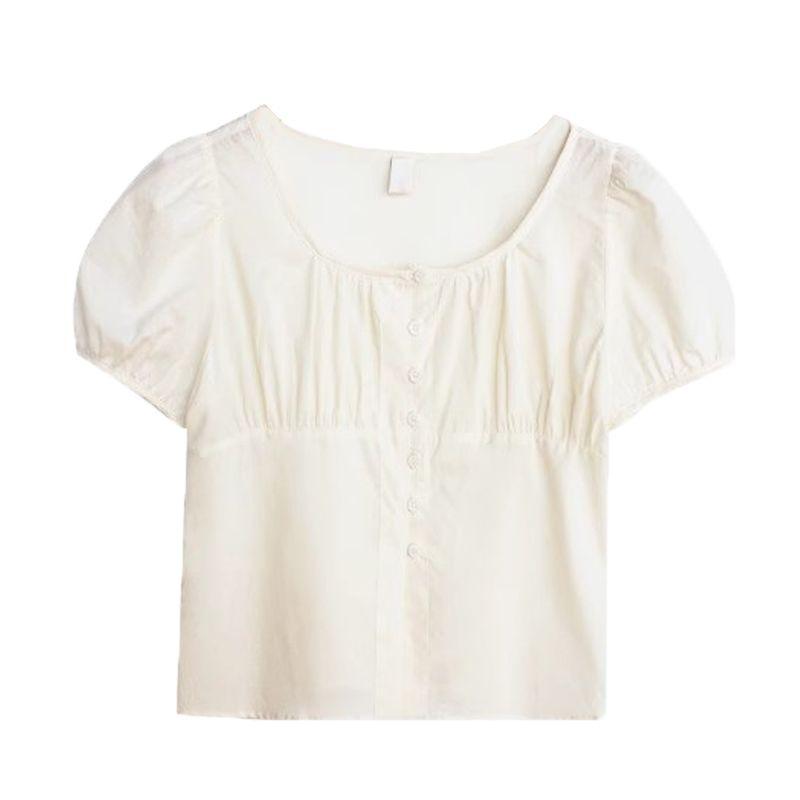 

Piooni Южная Корея Инс Лето Французский Нежный Молочный Абрикосовый круглый вырез Однобортная Рубашка Топ с коротким коротким рукавом Женщины Meters apricot S