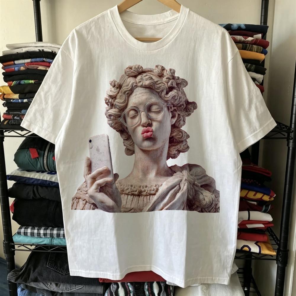 Artistic Statue Selfie Glasses Graphic White Tshirt Unisex Casual Top Creative Print Short Sleeve Tee Aesthetic Streetwear Style