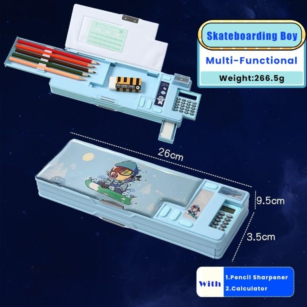 Double Layer Pencil Case With Calculator Pencil Sharpener Stationery Storage Box Plastic Astronaut/Animal Design