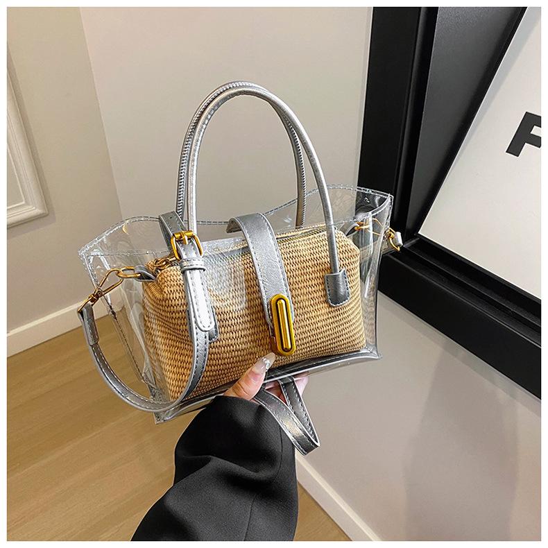 

Korean version 2025 new summer transparent straw bag women s retro fashion versatile commuter messenger bag серебряный