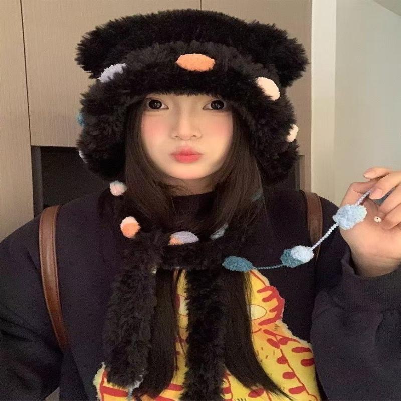 2025 Popular Cute And Fluffy Versatile Little Bear Ear Hat For Women'S Warm Autumn And Winter Colorful Lace-Up Knitted Hat