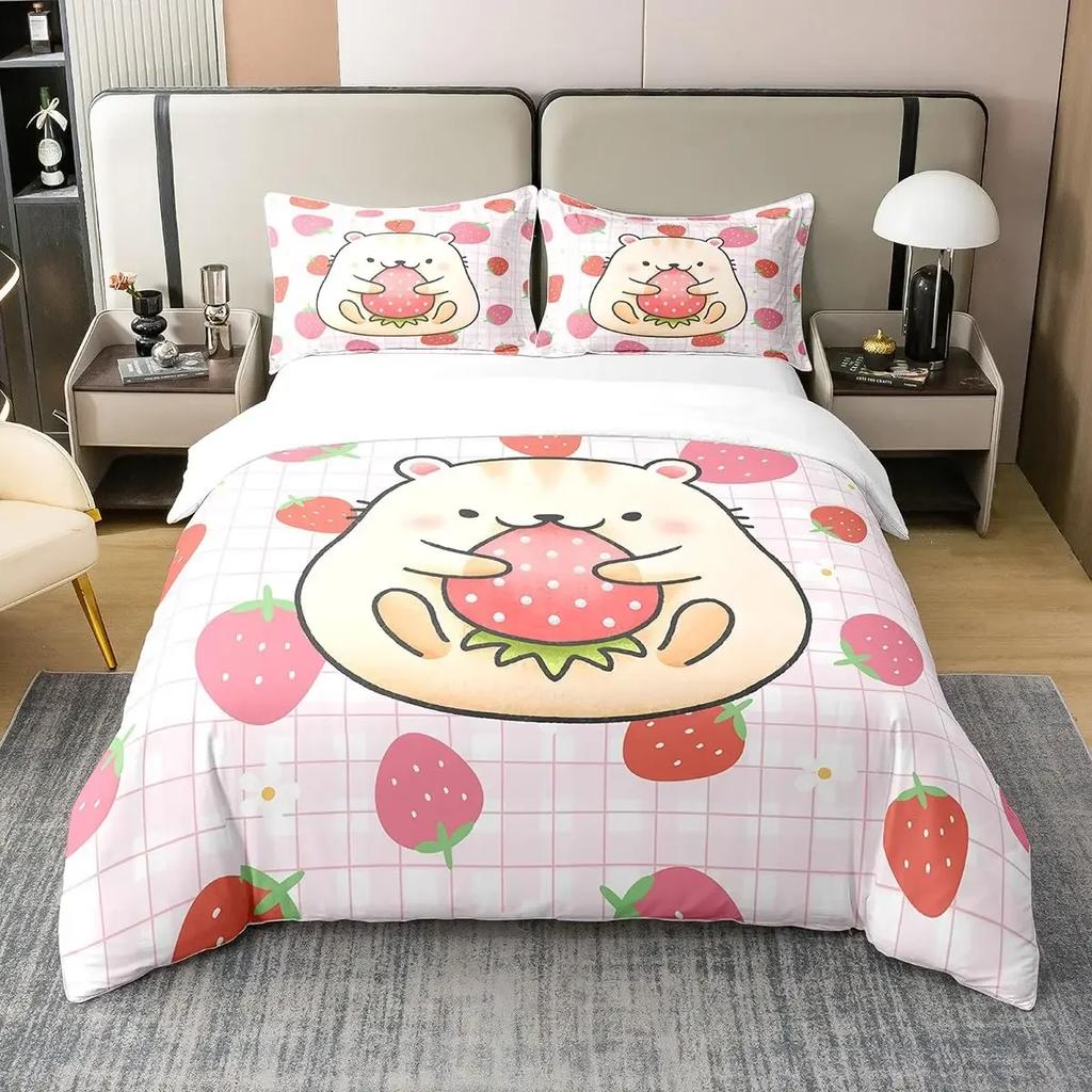 3Pcs Full Size Sweet Strawberry Bedding Set Duvet Cover for Kids Children Teens Comforter Cover Bed Room Decor Pink Quilt Cover