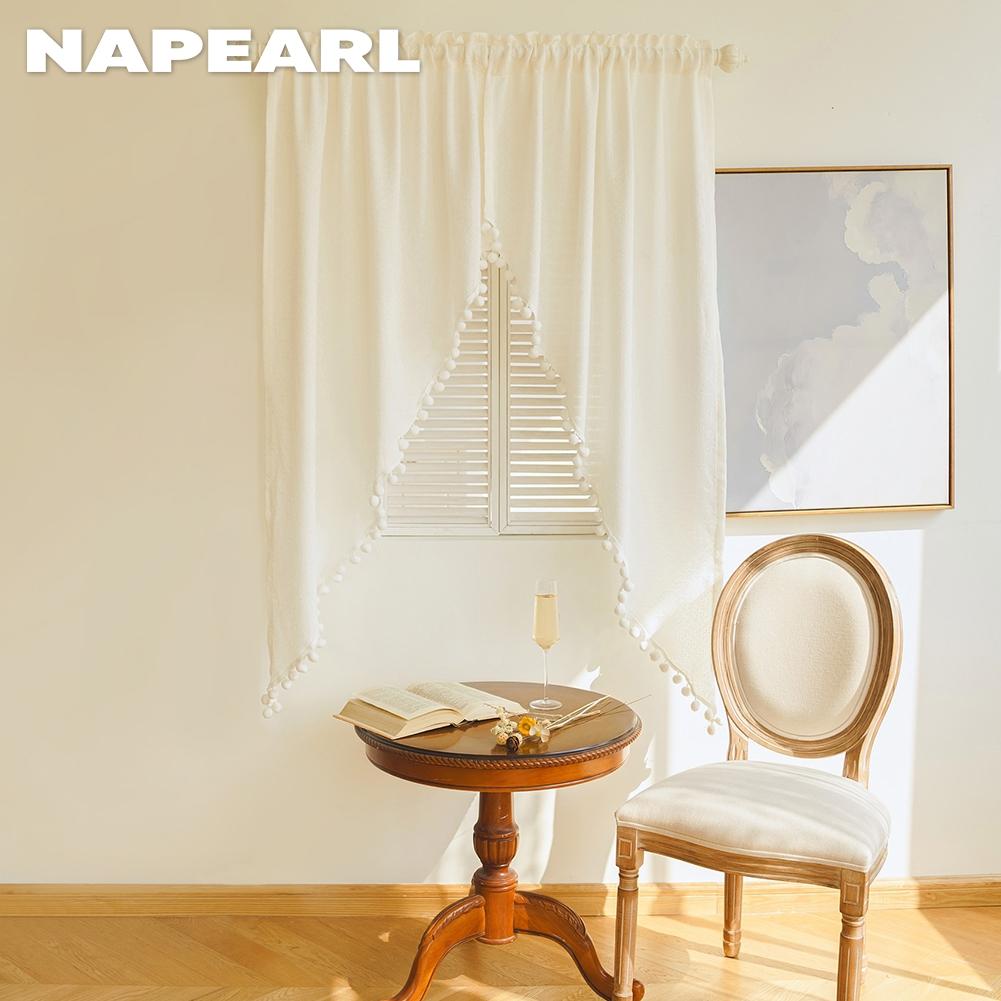 Ein Paar bestickter Volant-Pompon-Stabtaschenvorhang im Ins-Stil, Fenster-Tüllvorhang für Heimdekoration, NAPEARL
