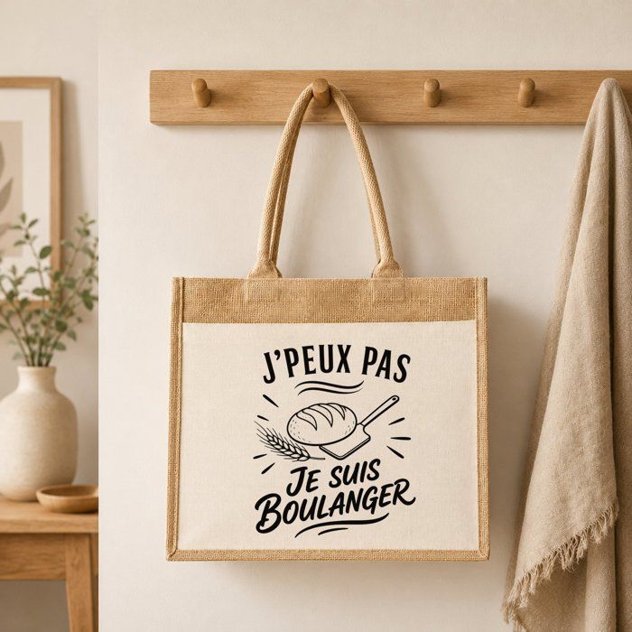 Sac Cabas Jute avec Poche J’peux pas je suis Boulanger J'peux pas minimaliste | Toile de Jute et Coton 21 L Fond Plat Anses 65 cm