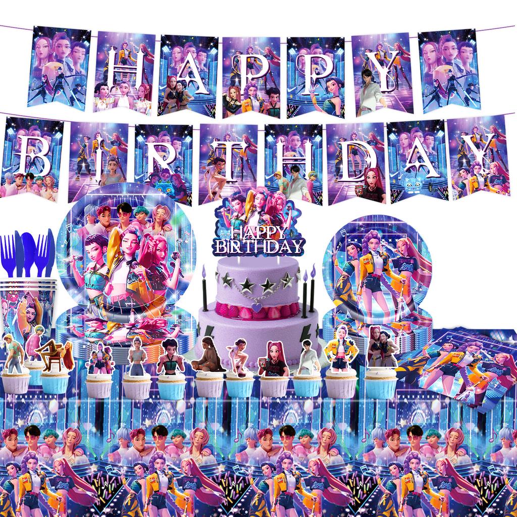 Nuovo Set Festa con Palloncini Cacciatore di Demoni K-pop Stendardo Tavola Decorazioni Festa di Compleanno Festa Kpop Coreana Anime Palloncini Topper per Torta
