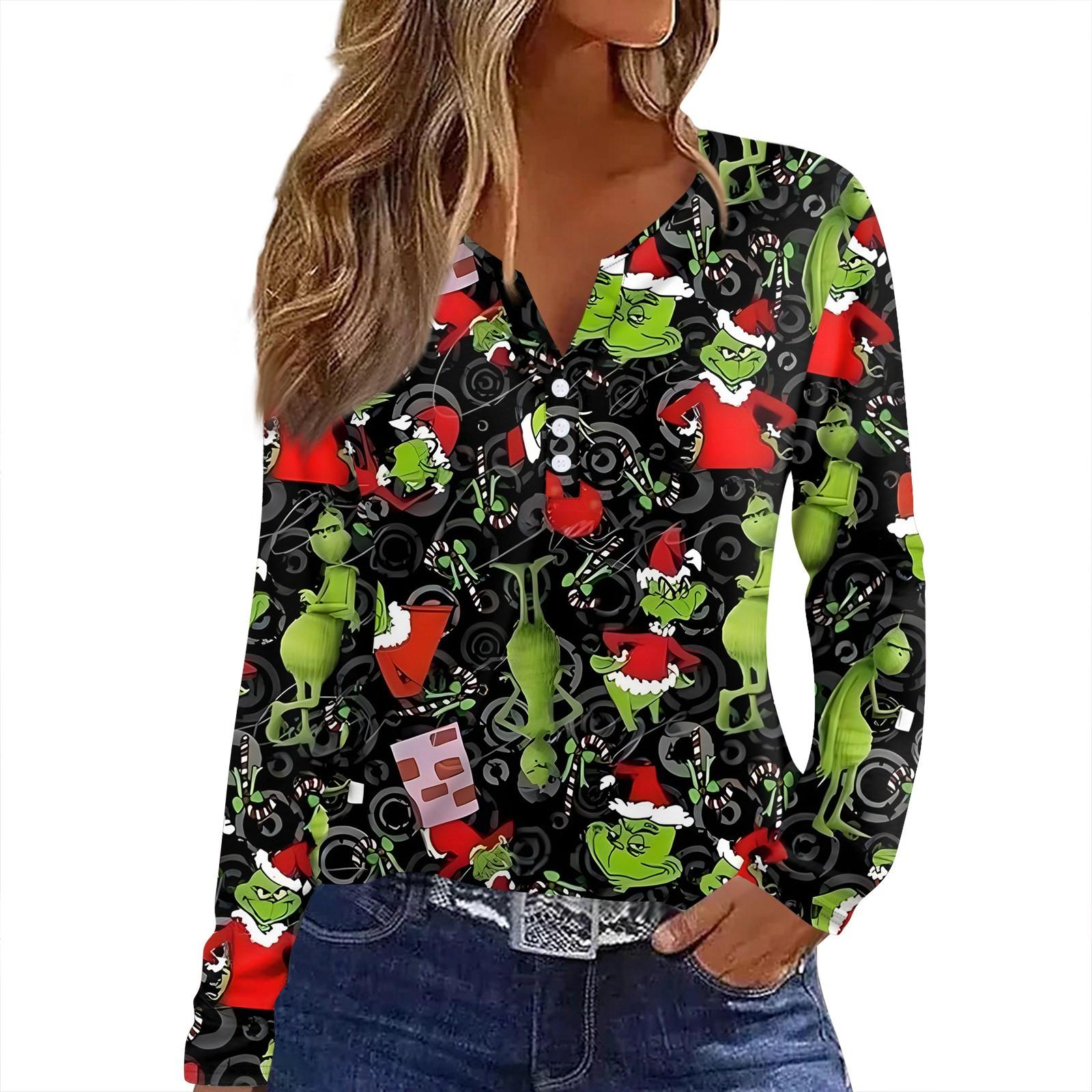 

Women s T Shirt Tee Christmas Print Button Long Sleeve Daily Weekend Fashion Basic V- Neck Regular Top XXL чорний