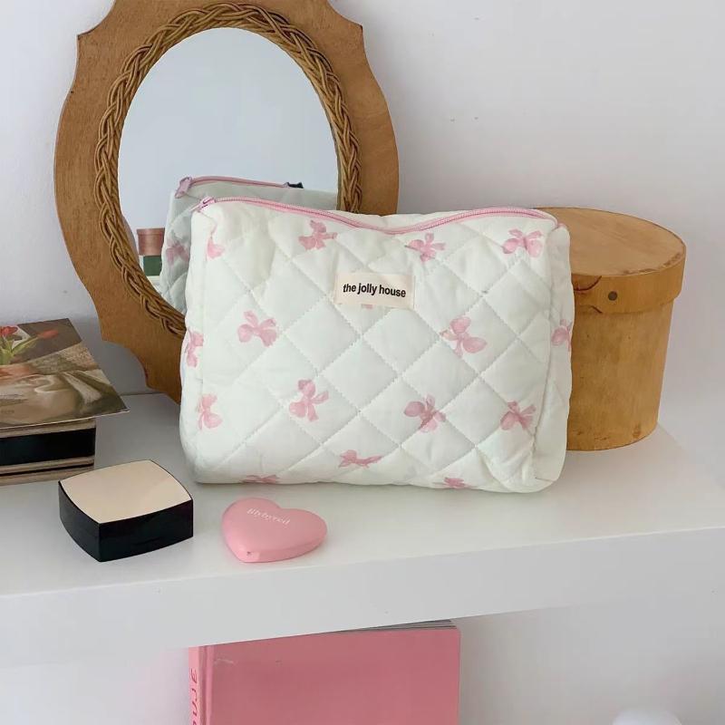 Cute Bow Cotton Makeup Bag Women Zipper Cosmetic Organizer Female Cloth Box Shape Portable Toiletry Case for Girls