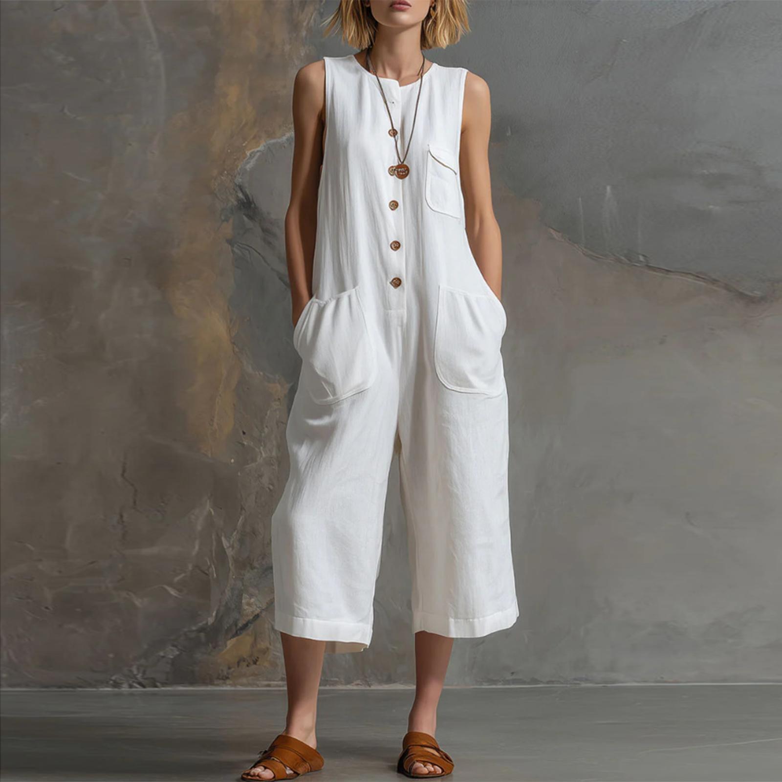 

Women’s Sleeveless Button Front Pocket Jumpsuit Retro Wide Leg Cropped Casual Loose Fit Overall for Everyday Wear S білий