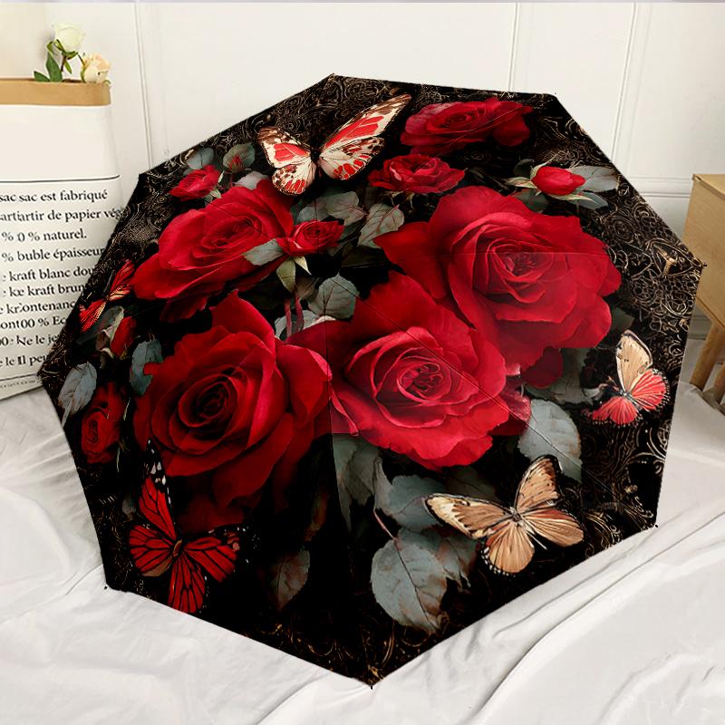 Charming Pink and Blue Roses Umbrella 8-Frame for Travel, Camping, Casual Lightweight Portable Umbrella, Essential for Every Family Holidays Gift
