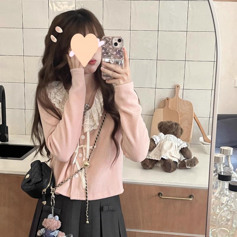 Dantel Hırkalar Kadın Y2k Kawaii Bahar Sonbahar Japon Nazik Yumuşak Moda Uzun Kollu Yumuşak Günlük