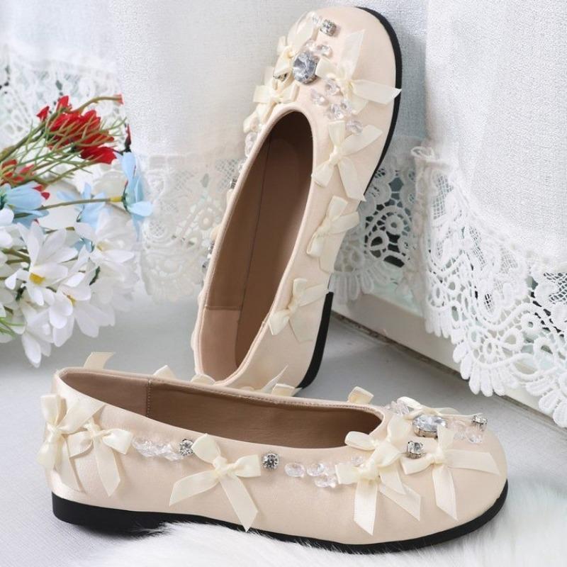 

Summer Satin Round Toe Bow Shoes for Women, Mary Jane Rhinestone Lace High-end Fashion Single Shoes, Flat Bottom Solid Color 36 хакі