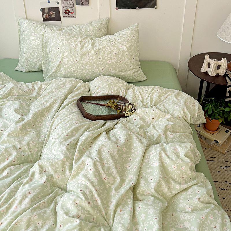 Vierteiliges Bettwäsche-Set, hautfreundlich, atmungsaktiv und bequem, Pastoralstil, Bettlaken, Bettbezug, Kissenbezug-Set