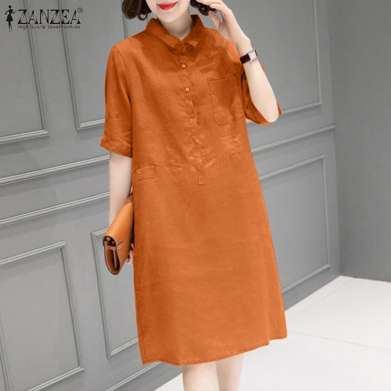 

ZANZEA Женское повседневное летнее платье-рубашка с отложным воротником и коротким рукавом