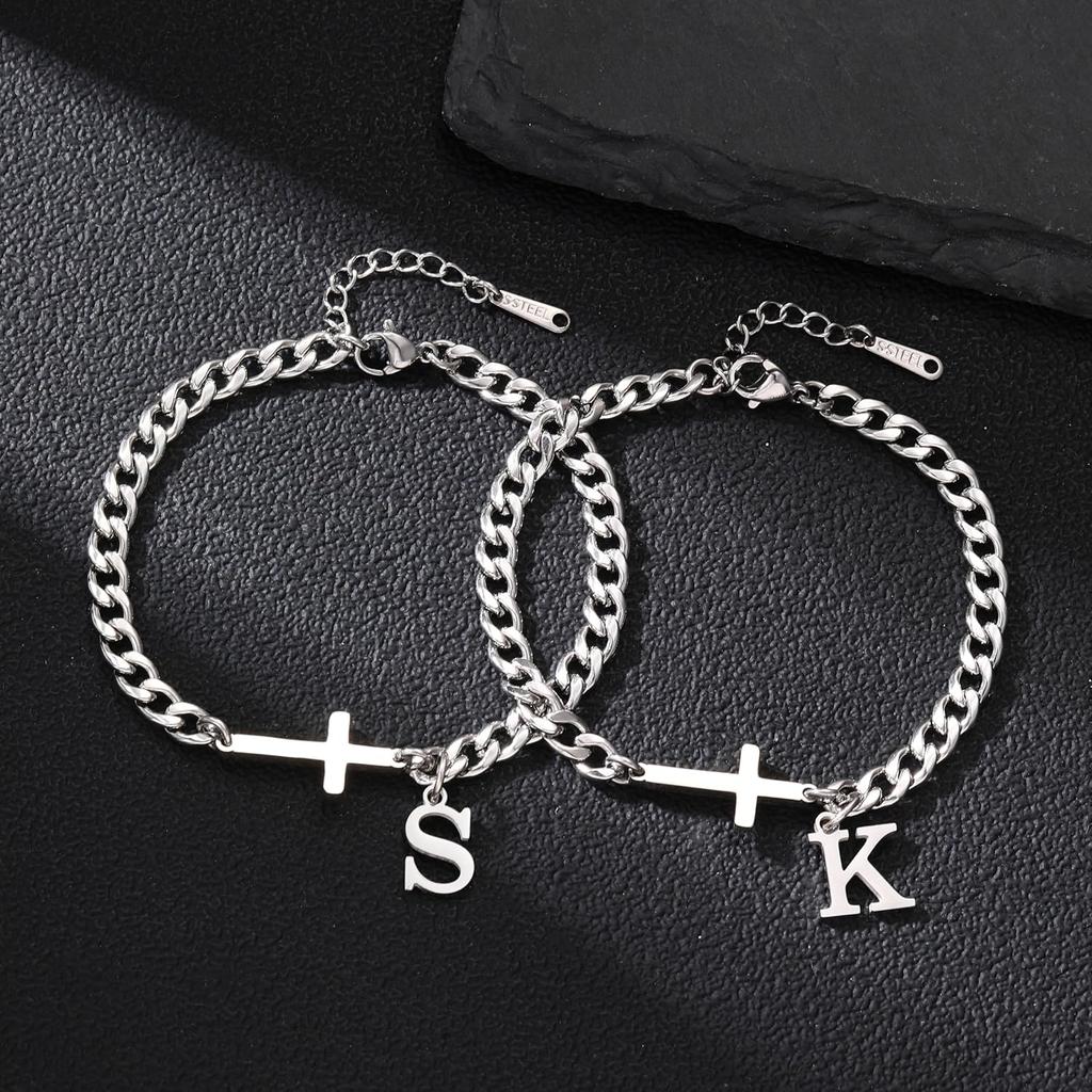 Men Cross Cuban Chain Bracelets for Men Initial A-Z Faith Cross Bracelets, Stainless Steel Initial Bracelet Religious Jewelry