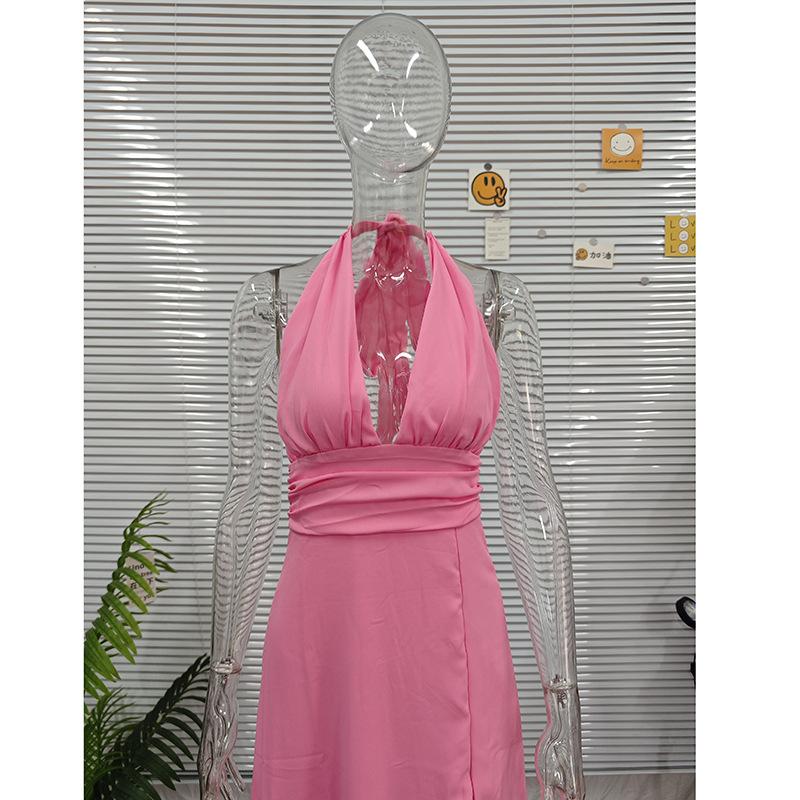 Temperamento di abbigliamento femminile europeo e americano primaverile ed estivo con scollo a V, senza schienale, spacco sexy, allacciatura, abito tinta unita