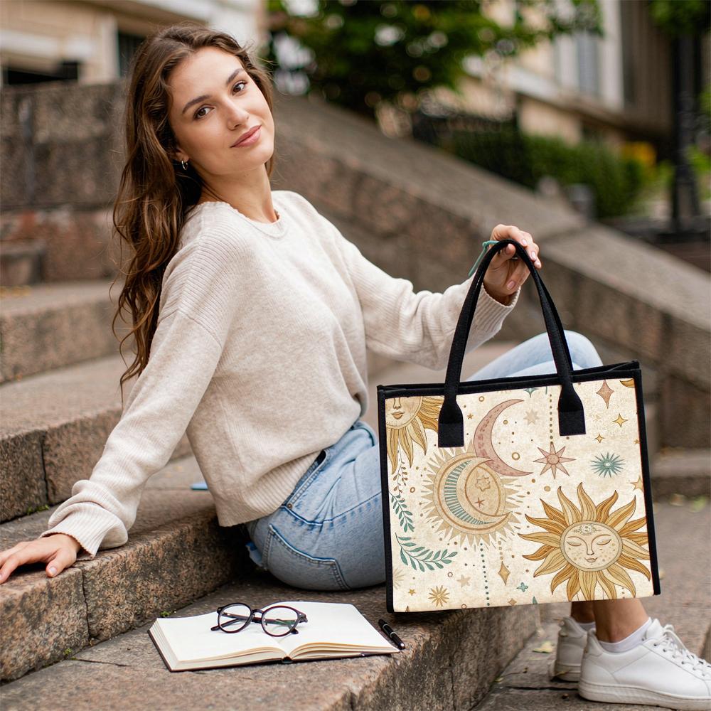 Boho Sun Moon Printed Tote Bag Large Casual Shoulder Bag for Daily Shopping