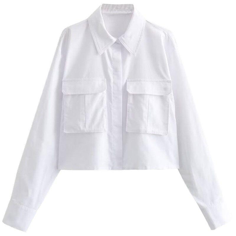

Fashion Style 2024 Autumn New Arrival Women s Stylish Easiest for Match Long Sleeves White Pocket Short Shirt 8857837 White L