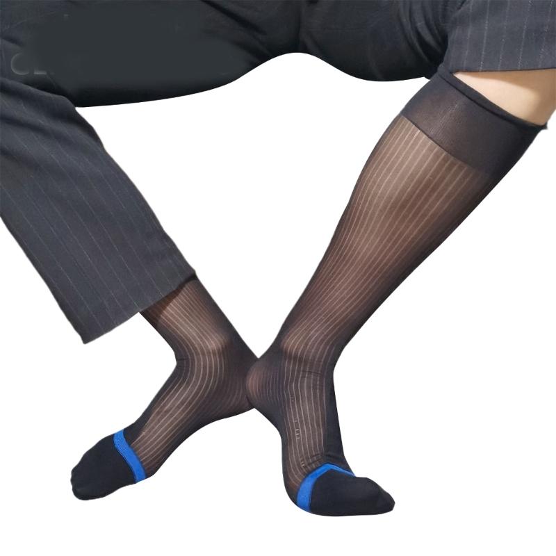 Mens Thin Sheer Dress Socks Nylon Breathable Business Over Calf Striped Stockings