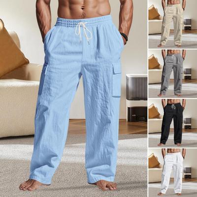 Men's Linen Long Pants Summer Solid Color Breathable Baggy Trousers Male Casual Elastic Waist Casual Pants Harajuku Trousers