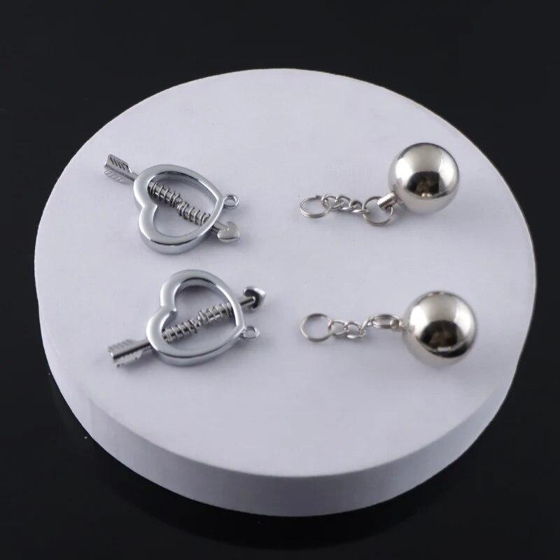 BDSM Women's Breast Clip Metal Heart-shaped Nipple Clamps With Gravity Ball Weight Pendant Breast Traction Stimulator Adult Toys
