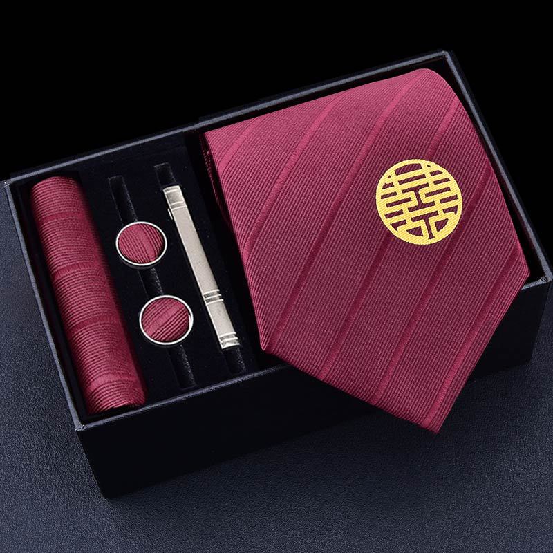 Gift Box Men'S Tie Square Scarf Cufflinks Tie Clip Five-Piece Set, Formal Business Blue Stripes