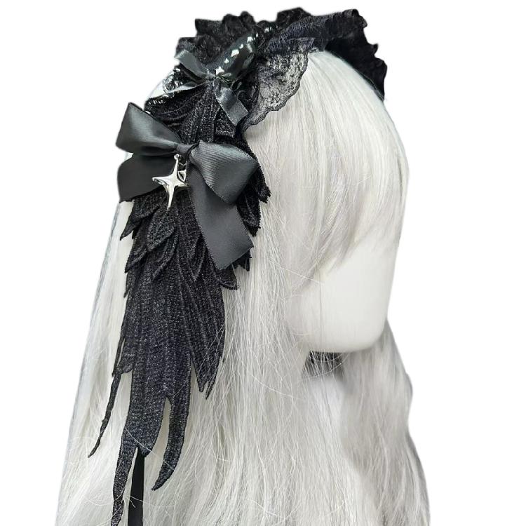 

Punk Angelic Winged Hairband Cosplay Headpiece Ruffle Lace Headband For Masquerades And Halloween Party Photography Wear чорний