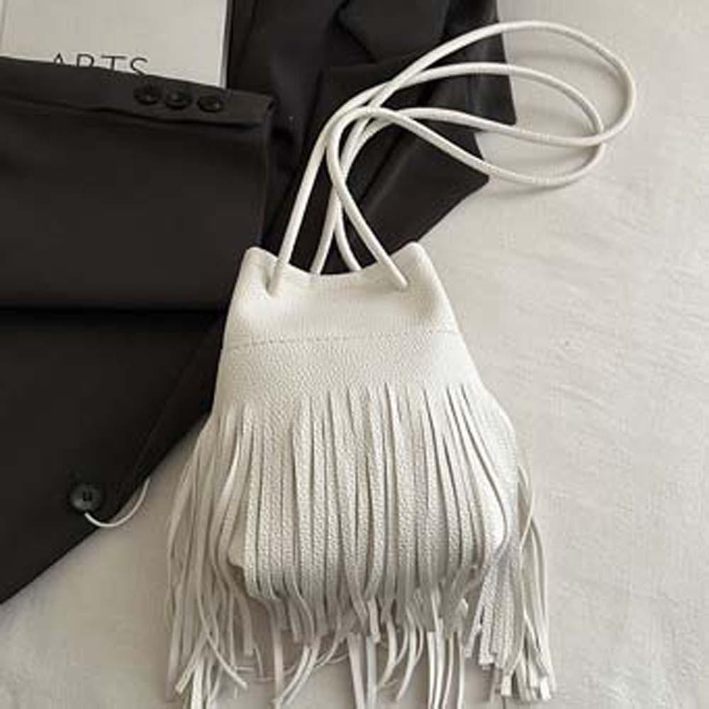Large Capacity Tassels Bucket Bag Elegant Texture Shoulder Pouch Drawstring PU Bag School