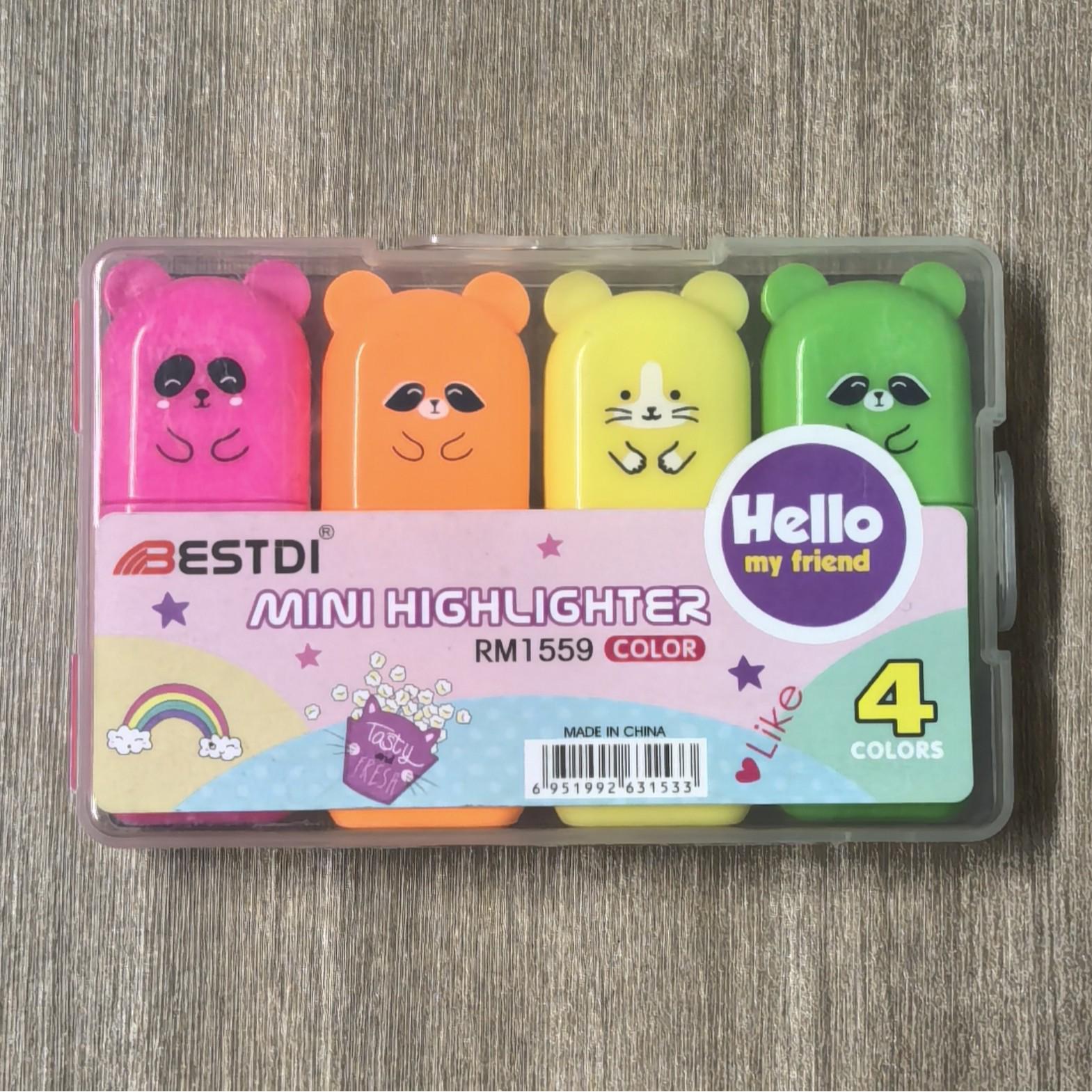 Mini Fluorescent Pen 4-Pack: Cartoon Creative Student Highlighter Set Chisel Tip