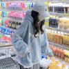 Light Blue Hooded Sweater Women's Autumn and Winter Velvet Lazy Style Letter Printing Loose Medium and Long Top