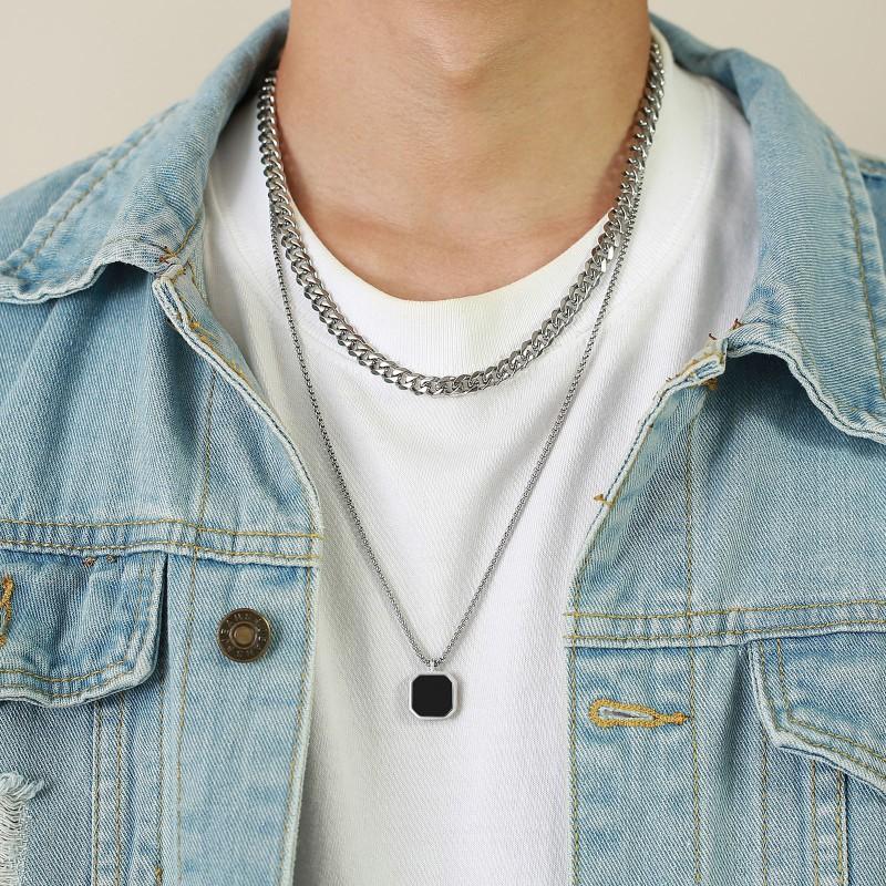 Stainless Steel Square Pendant Necklace Men Long Chain Layered Hip Hop Jewelry Geometric Titanium