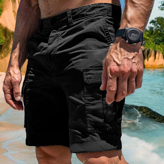 

Men Cargo Shorts Mid-rise Button Zipper Multi Pockets Solid Color Casual Shorts with Straight Wide S чорний
