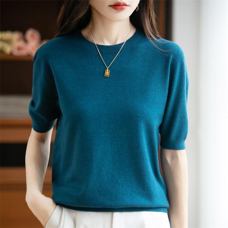 

Женский пуловер с коротким рукавом и круглым вырезом, тонкий вязаный свитер, футболка с рукавом до локтя, топ XXL синий