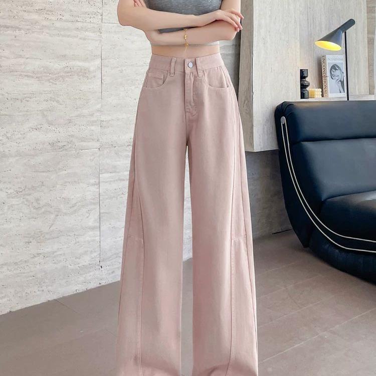 Women's Pink Tencel High-Waisted Wide-Leg Jeans - Summer 2026 Collection, Loose Ice Silk, Floor-Length Straight Pants.
