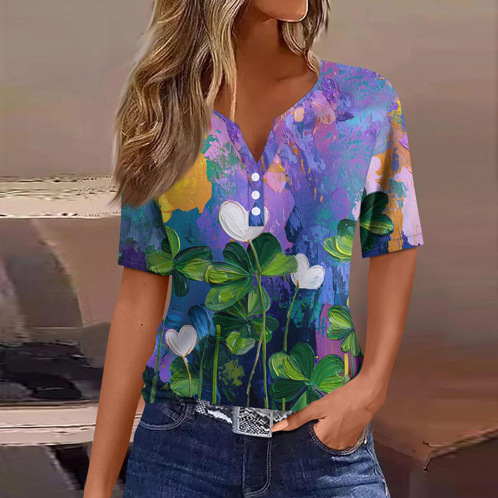 

Women s T Shirt Tee Print Button Short Sleeve Daily Weekend Fashion Basic V- Neck Regular Top St. Patrick s Day XL фиолетовый