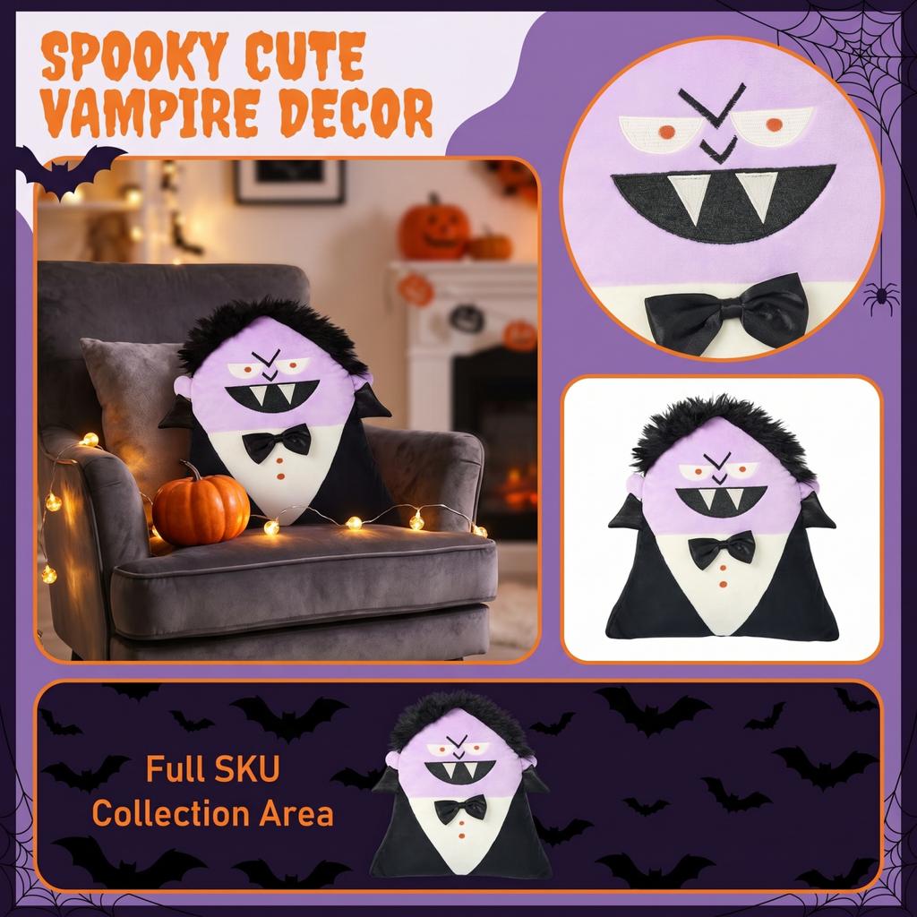 Halloween Vampire Plush Pillow Creative Decorative Throw Cushion Soft Stuffed Toy for Home Sofa Bedroom Halloween Party Decoration