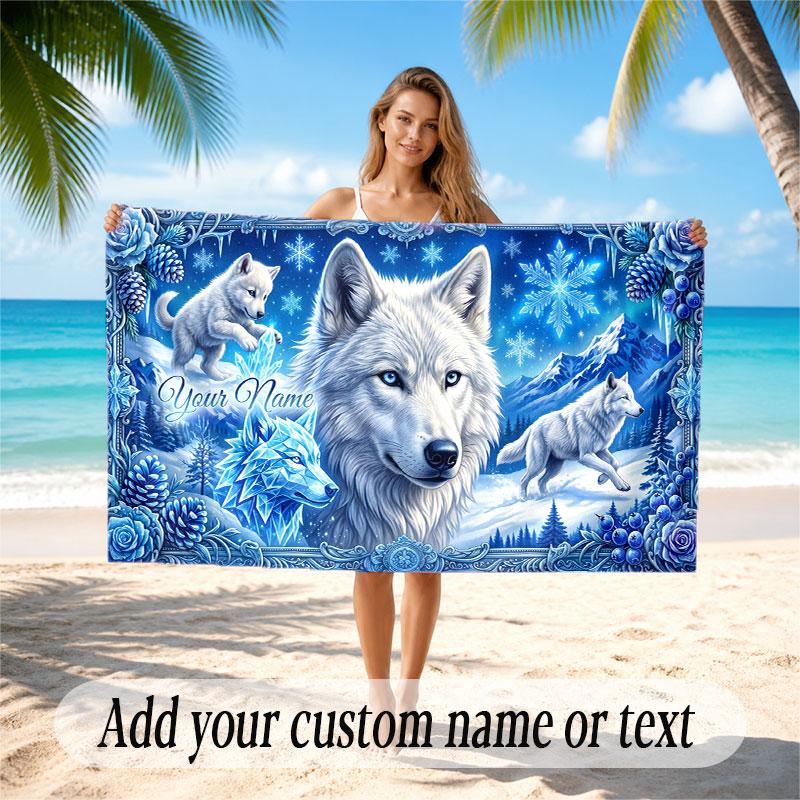 Wolf Theme Beach Towel Personalized Custom Name & Text Soft Quick Dry Beach Towel for Swimming Travel