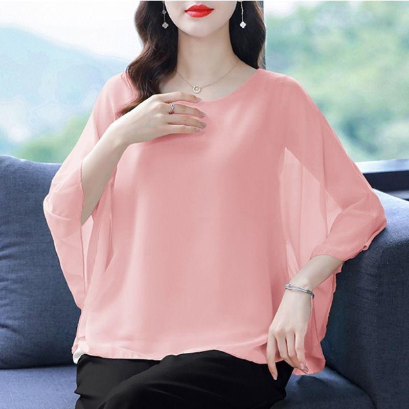 Loose Chiffon Top for Women New Plus Size Round Neck Batball Sleeves Summer Blouse Solid Color Women's Short Sleeved Casual Fashion Elegant T Shirts