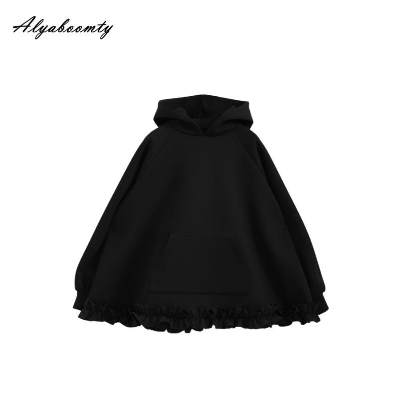 

2025 Корейский стиль Весна Осень Женские толстовки большого размера с капюшоном Бежевый Черный Серый Мешковатый Свободный пуловер Лоскутные оборки Однотонный свитшот One Size чёрный