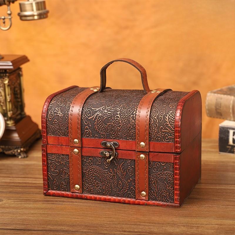 Retro Dragon Pattern Wooden Storage Box With Metal Lock For Storage Desktop
