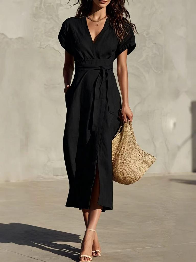 2026 New European and American Cross-border Independent Station Foreign Trade, Casual Simple Solid Color Lace-up V-neck Pocket Medium and Long Dress