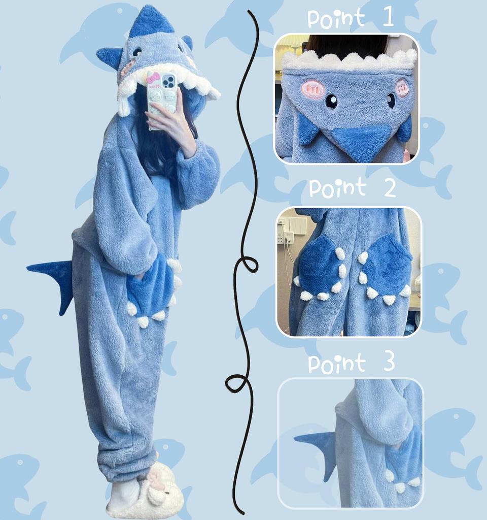 Lilikakoi Shark Flannel Cute Animal Long Fluffy with Bear and Loose and Fun Loungewear for and Blue Women's Pajamas, Design, Sleeves, Hooded, Ears,