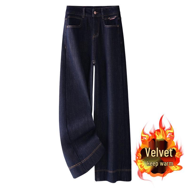 Ancola Women's Red Fleece-Lined Wide-Leg Jeans, Autumn/Winter 2024 Retro High-Waisted Slim Fit