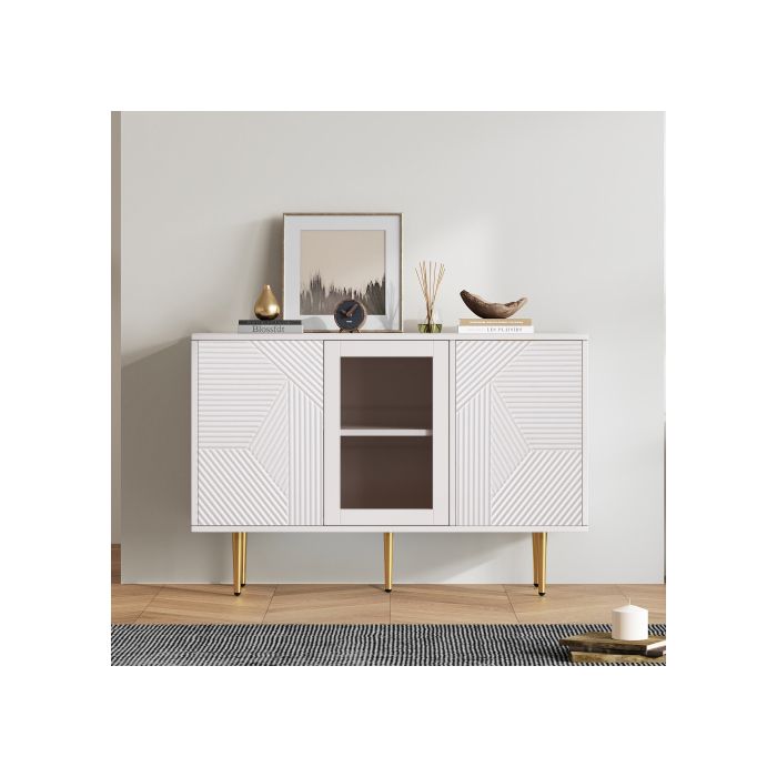 Commode - MUVOE - 3 portes - Blanc - Pieds en métal - Dimensions 120x38x79.5 cm