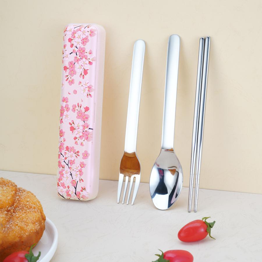304 Stainless Steel Portable Cutlery Set Japanese Style Dinnerware Fork Spoon Chopsticks Set Magnetic Box With Cherry Pattern