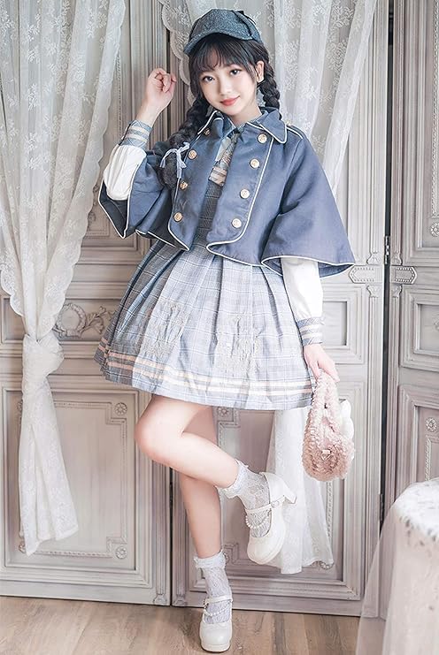 JIURUN Lolita Langarm Lolita Plus Mori Niedlich JK Uniform Cosplay Schule Anime Süß Locker Perfekt für Kirschblüten Traumhaft Niedlich Grau Krawatte Umhang Hut