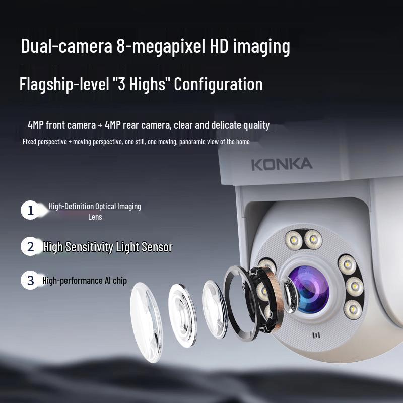 KONKA 8MP Dual-Lens Outdoor WiFi Security Camera with Full-Color Night Vision CN Plug (adapter Included)