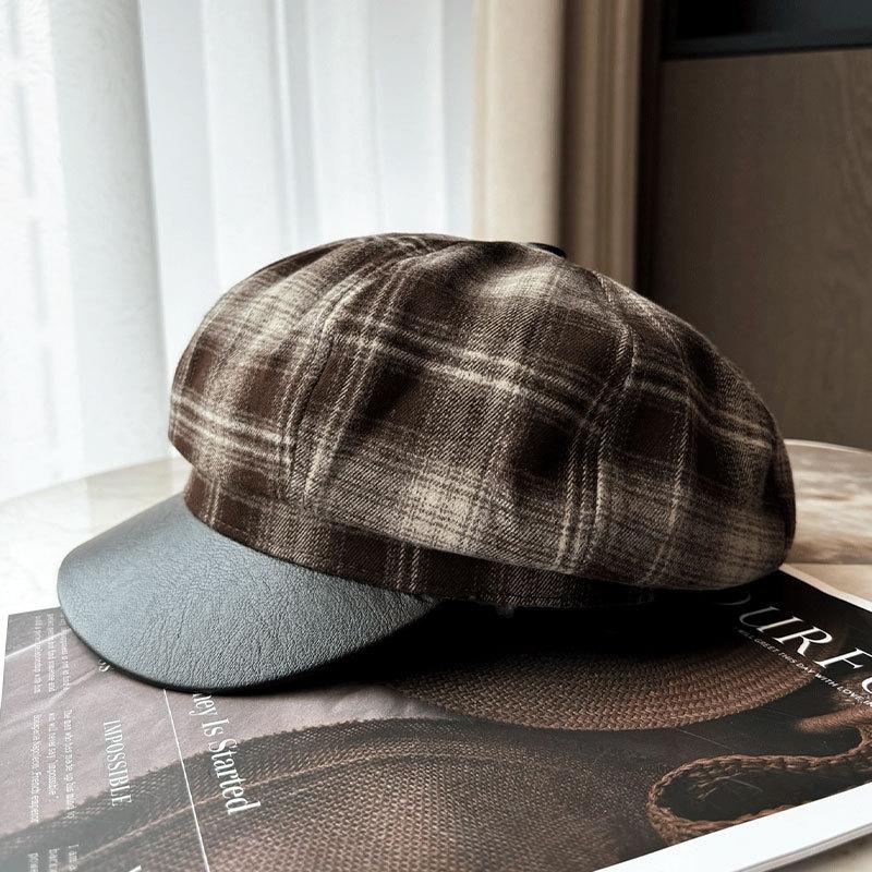 Retro Plaid Octagonal Hat Women's Autumn and Winter Versatile Face Small Warm Painter Hat Fashion Literary Newsboy Hat