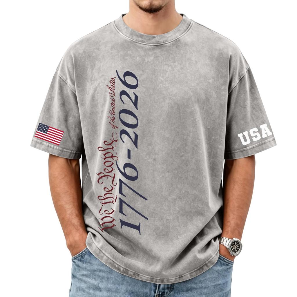 Men's loose and casual flag letter print T-shirt - Men's trendy washed short-sleeved top
