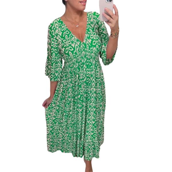 Women's Summer Bohemian Long Dress V-Neck Half Sleeve A Line Dresses Loose Floral Printed Sundress